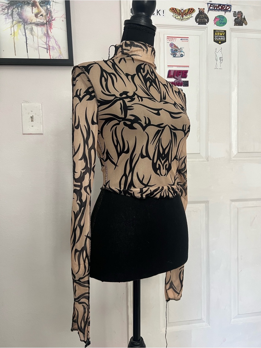Women's Long Sleeve Mesh Mock Neck Top in Beige and Black - Picture 6 of 9